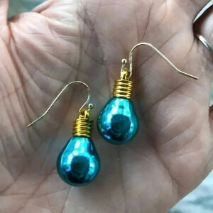 3 for $25/ Blue & Gold Festive Holiday Christmas Lightbulb Bulb Drop Earrings